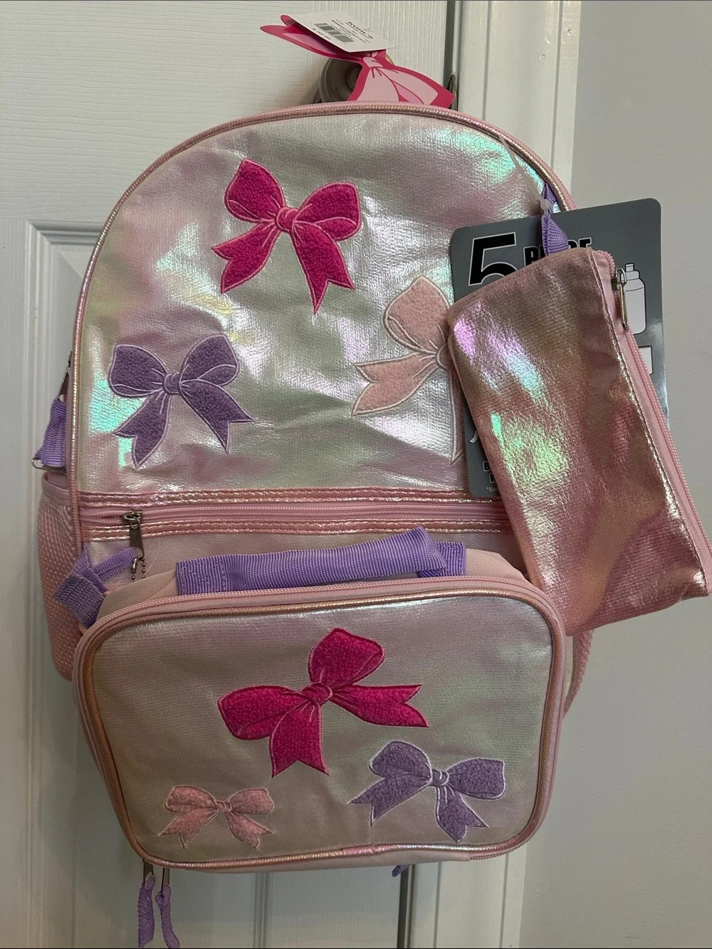 Kohl's Iridescent Pink Backpack with Purple and Hot Pink Bows and Matching Pouch